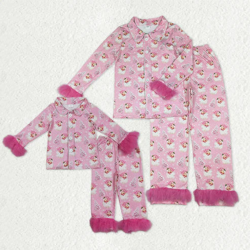 10.31 Mama and Me Pink Trees Santa Button Top Pants Christmas Fur Sleeve Pajamas Sets