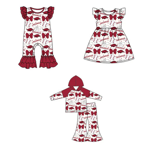 6.25 Custom Moq 3 each item Sibling Baby Girls Arkansas Team Romper Dress Clothes Sets