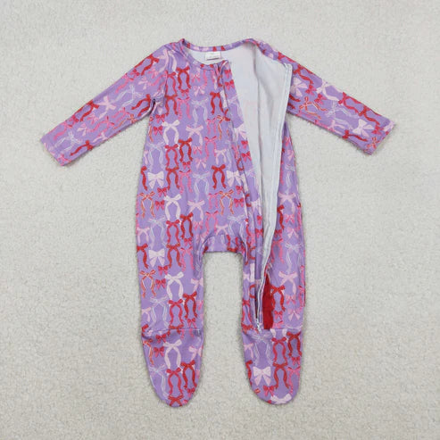 11.12 LR2610 Baby Girls Lavender Bows Plaid Zipper Footed Romper