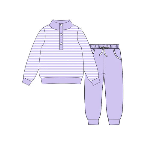 10.27 GLP3023 Baby Girls Lavender Stripe Button Top Pockets Jogger Clothes Sets Preorder