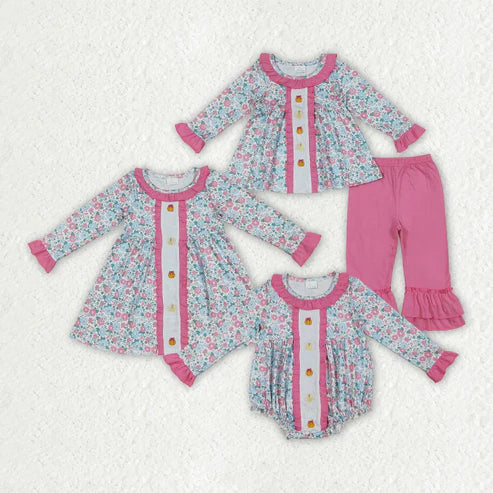 6.26 Sibling Embroidery Baby Girls Floral Turkey Pumpkins Rompers Dresses Sets