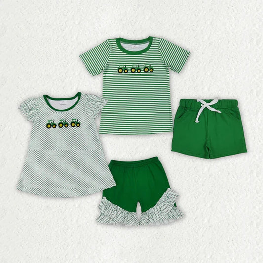 6.13  Sibling Embroidery Baby Girls Green Farm Boys Outfits Sets