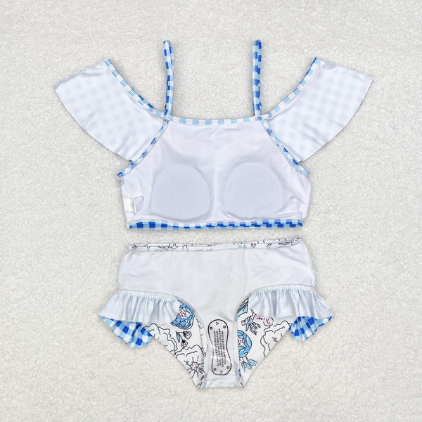 7.25 RTS NO MOQ S0254 Blue plaid lace flower white swimsuit set