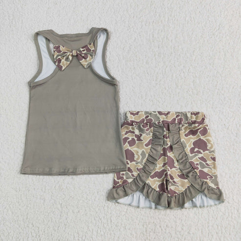 6.9 GSSO1629 Baby Girls Dark Green Bows Vest Ruffle Shorts Clothes Set