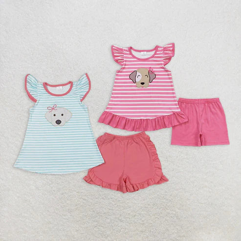 5.21 Sibling Baby Girls Stripes Bows Dog Tunic Top Ruffle Shorts Clothes Sets