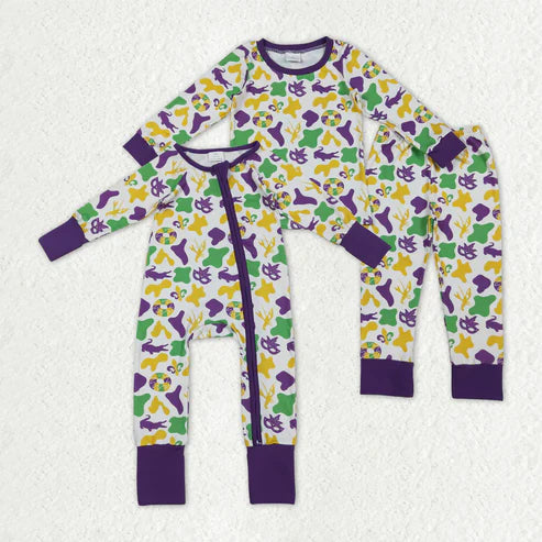 10.31 Sibling Baby Boys Mardigras Camo Crayfishes Top Pants Pajamas Sets Zipper Footie Rompers