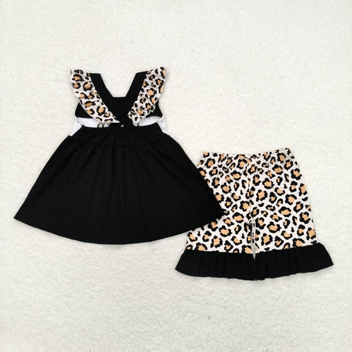 6.17 GSSO0702 Embroidery I love dad letter black leopard print flying sleeve shorts set