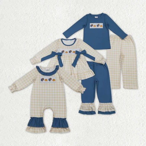 10.31  Sibling Embroidery Turkey Pumpkins Baby Boys Girls Thanksgiving Clothes Sets Ruffle Footie Rompers