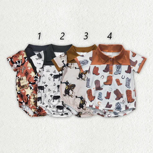 4.19 Sibling Baby Boys Western Buttons Short Sleeve Rompers