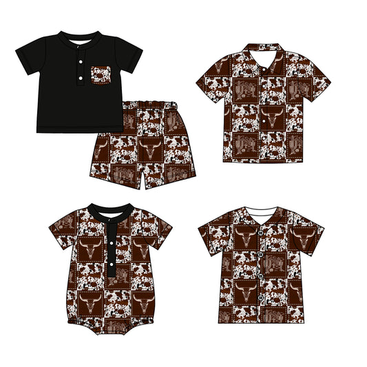 26.1.20 Custom MOQ:3 or 5 pcs each design milk silk Sibling baby boy clothes cow head short sleeve shorts sets and tops 2 and romper