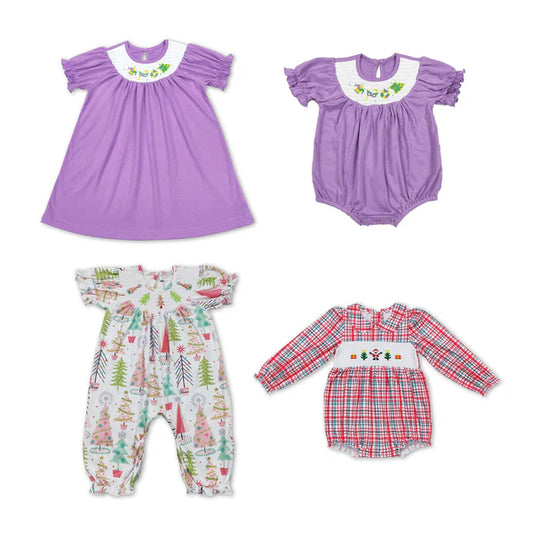 4.7  RTS NO MOQ ETA 5-7days GSD0502 Smocked embroidered carnival mask purple and white plaid short-sleeved dress