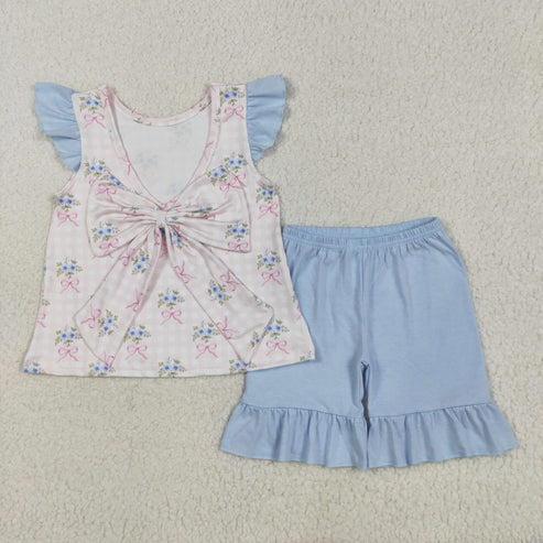 5.21 GSSO1577 Baby Girls Pink Checkered Bows Tunic Ruffle Shorts Clothes Set