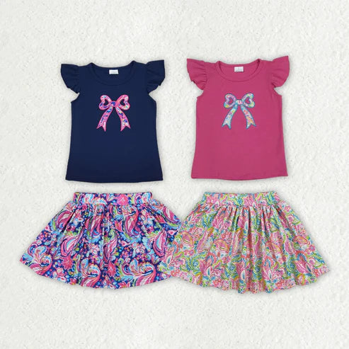 3.21 Sibling Embroidery Baby Girls Navy Bow Shirts Shorts Skirt Clothes Sets