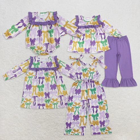 10.31 Sibling Baby Girls Mardigras Bows Ruffle Pants Clothes Set Jumpsuits Knee Length Dress Rompers