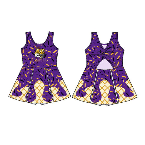 7.31  Custom Moq 5 Baby Girls Purple Sleeveless Tiger LSU Drip Short Team Knee Length Dresses