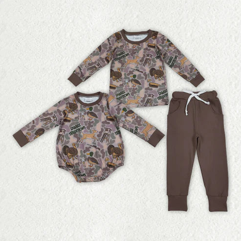 11.1 Sibling Baby Boys Brown Turkey Ducks Camo Top Pockets Pant Hunting Clothes Sets Rompers