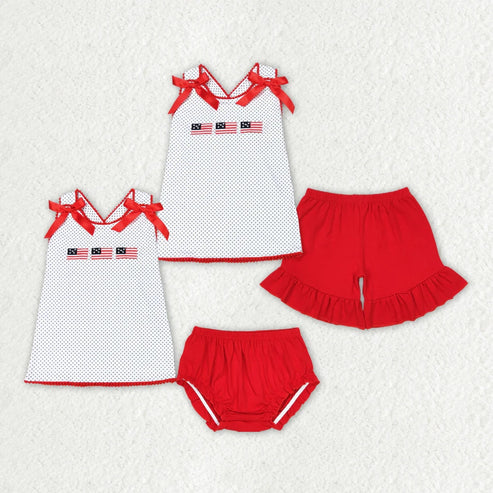 4.29 Sibling Baby Girls 4th Of July Flags Top Bummie Shorts Outfits