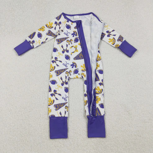 9.29 LR2513 Baby Girls Purple Bows Footballs Plaid Ruffle Zipper Team Romper