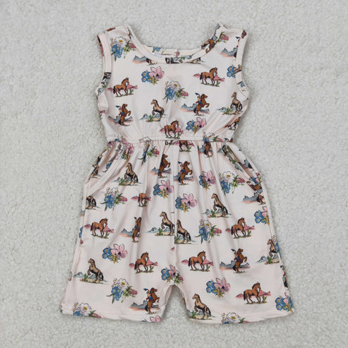 3.30 SR2695 Baby Girls Western Rodeo Horse Flowers Pockets Jumpsuit