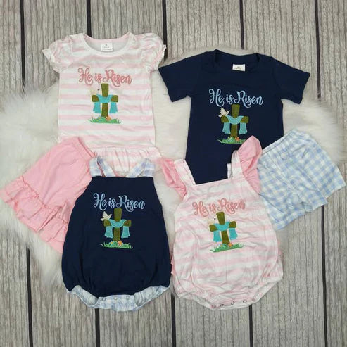 3.21 Baby Girls Boys Easter He Is Risen Cotton Embroidery Sibling Designs