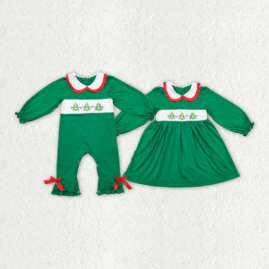 4.7  RTS NO MOQ GLD0579 smock embroidery Baby Girls Christmas Tree Sibling Sister Smocked Rompers Dresses