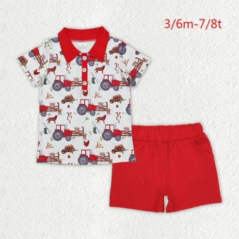 BT1043+SS0270 Baby Boys Farm Trucks Tops Red Cotton Outfits Clothes Set