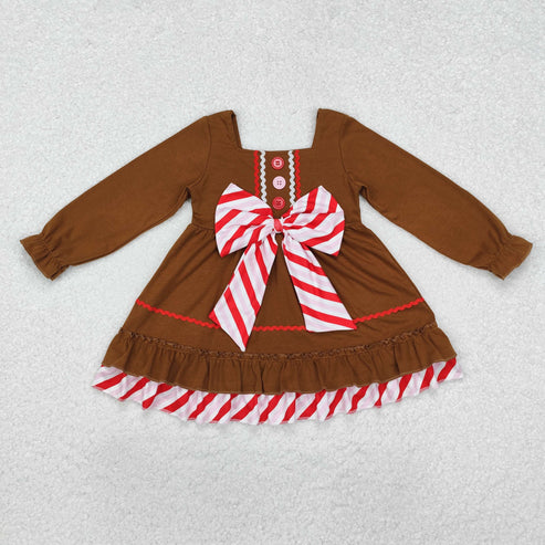 GLD0758 Baby Girls Brown Gingerbread Bow Knee Length Dress