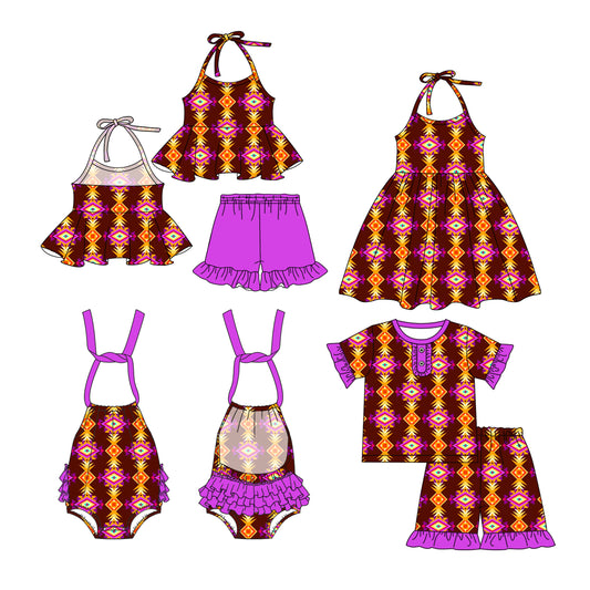 26.1.2 Custom MOQ:3 or 5 pcs each design milk silk Sibling baby girl clothes geometric short sleeve shorts sets 2 and dress and romper