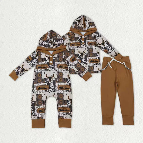 10.31 Sibling Baby Boys Aztec Bull Skull Western Clothes Sets Hoodies Footie Rompers