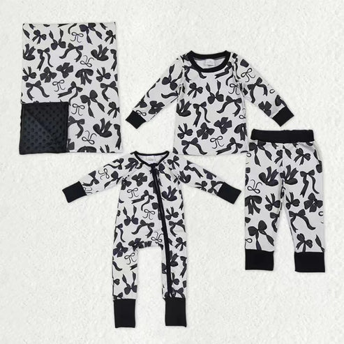 11.1 Sibling Baby Kids Black Bows Checked Pajamas Sets Zipper Footie Rompers Blankets