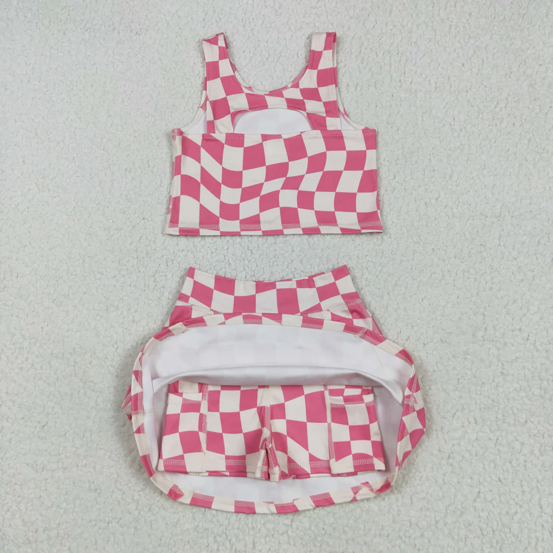 5.15 GSD2329 Baby Girls Sleeveless Pink Plaid Top Skort Yoga Set