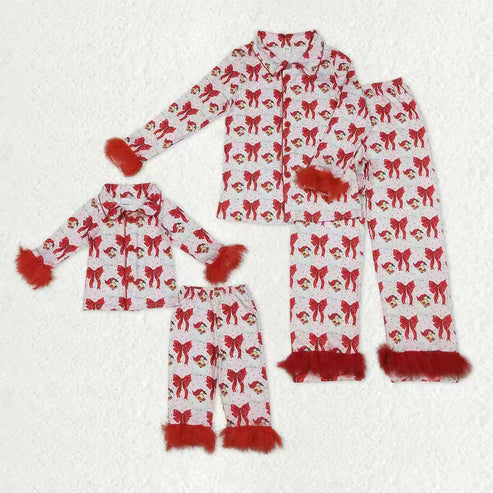 11.1 Mommy&Me Red Bows Santa Button Top Pants Christmas Fur Pajamas Sets