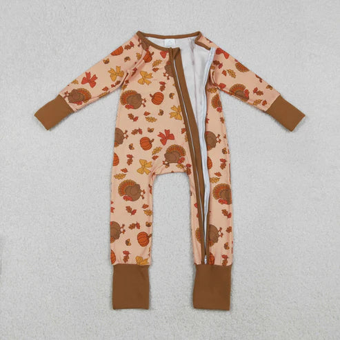 10.25 LR2689 Baby Boys Bows Turkey Pumpkins Thanksgiving Zipper Footie Romper