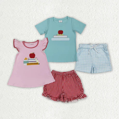 6.26 Sibling Embroidery Baby Girls Boys Apple Back To School Books Outfits Sets