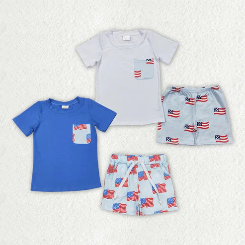 4.19  2 Colors Sibling Baby Boys 4th of July Flags Pocket Shirts Shorts Outfits