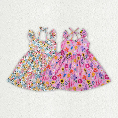 4.25 Sibling Baby Girls Flutter Sleeves Floral Backless Bow Knee Length Dresses