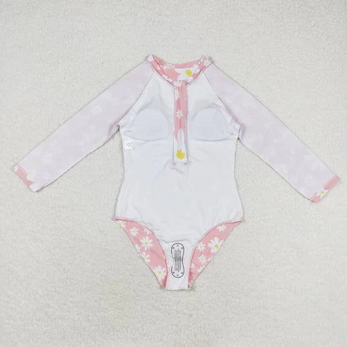 S0244 Flower pink zip-up one-piece swimsuit