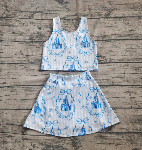 4.22 GSD2198 Baby Girls Blue Castles Athletic Active Wear Top Shorts Skirts Outfits Preorder