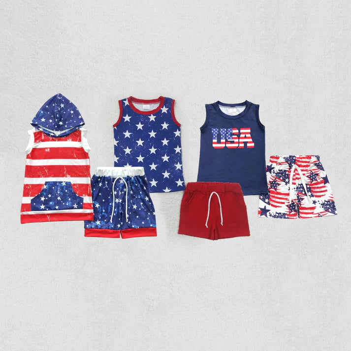 5.12 Sibling Baby Boys 4th Of July Stars Sleeveless Tee Shirts Shorts Sets
