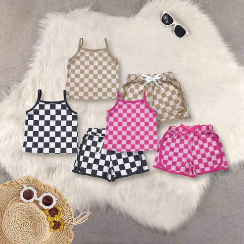 5.3 Sibling Baby Girls Strap Plaid Top Short Sports Sets