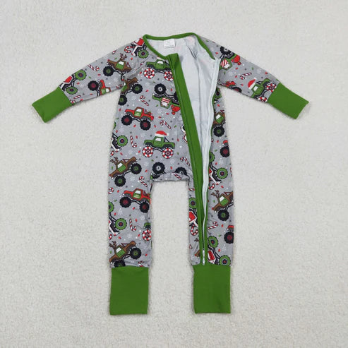 11.5 LR2669 Baby Boys Trucks Candy Cane Christmas Zipper Footie Romper