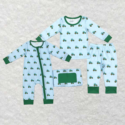 6.26 Baby Boys Green Tractors Sibling Bamboo Rompers Pajamas Clothes Sets