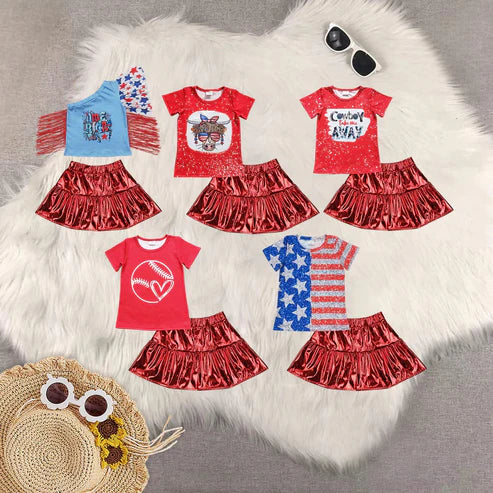 4.29 Sibling Baby Girls Short Sleeves Cow Stars Top Red Leather Skirts Western 4th Of July Sets