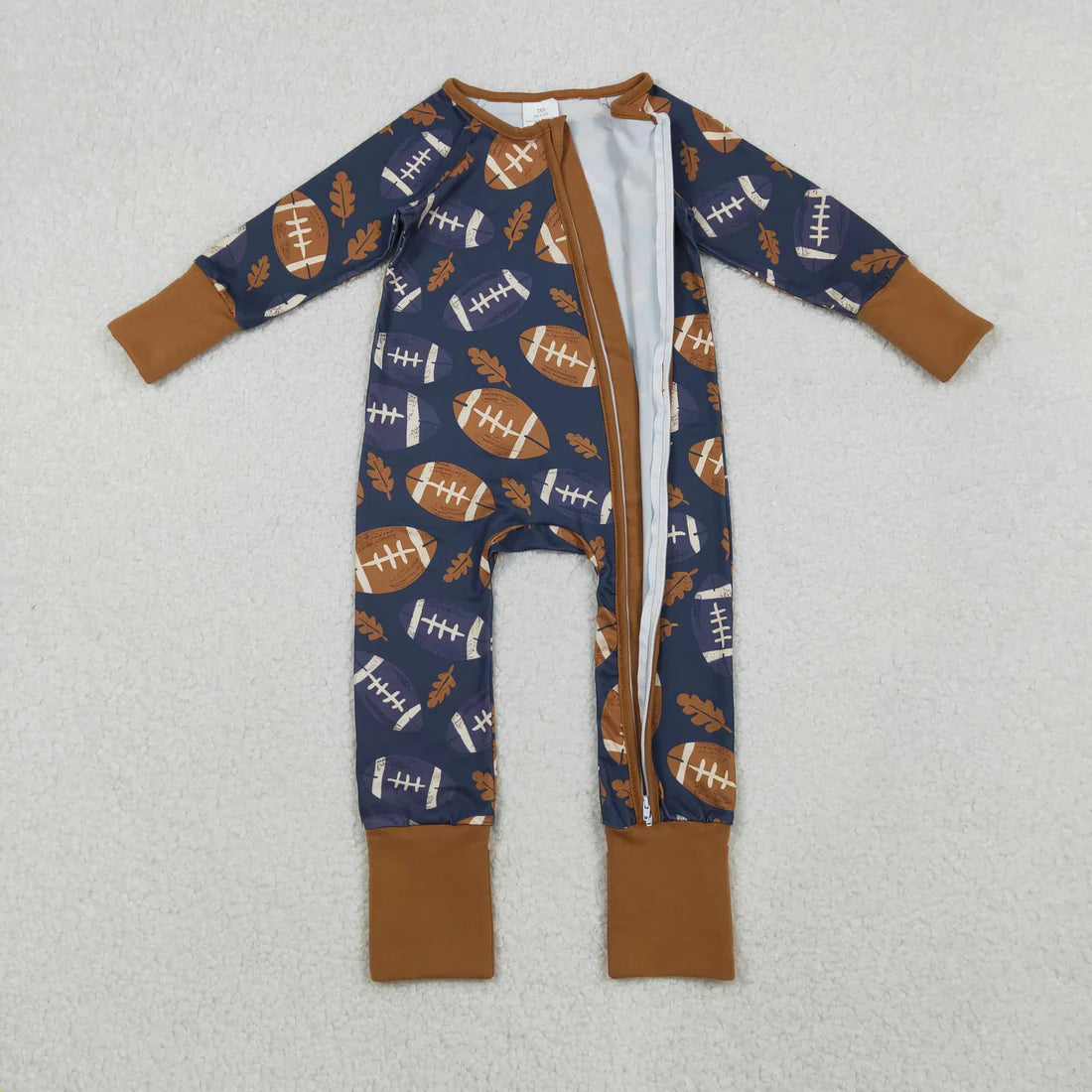 10.22 LR2543 Baby Boys Leaves Footballs Plaid Fall Zipper Footie Romper