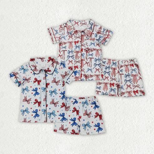 5.21 Sibling Baby Girls Bows Button Top Short 4th Of July Pajamas Sets