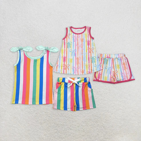 5.3 Sibling Baby Girls Sleeveless Colorful Stripe Bows Top Shorts Sets