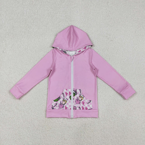 11.1 GT1142 Baby Girls Pink Christmas Green Faces Pocket Zipper Hoodies