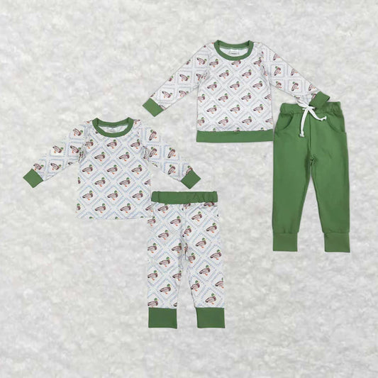 8.2 Sibling Baby Boys Long Sleeves Green Ducks Plaid Top Pants Western Set