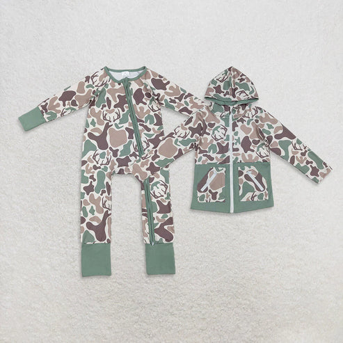 11.1 Sibling Baby Boys Green Khaki Deer Camo Pockets Zipper Hoodie Jackets Zipper Rompers