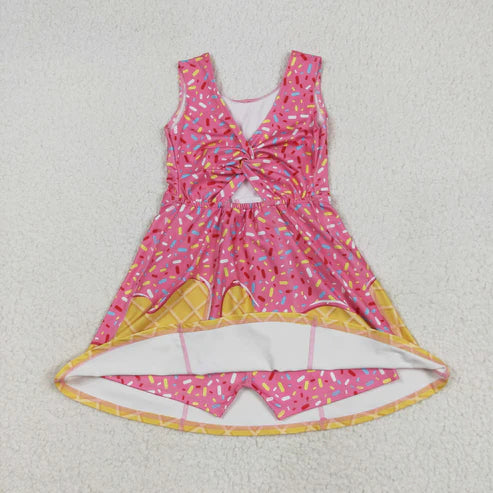 6.9 GSD2417 Baby Girls Pink Ice-cream Drip Yoga Skort Knee Length Dress